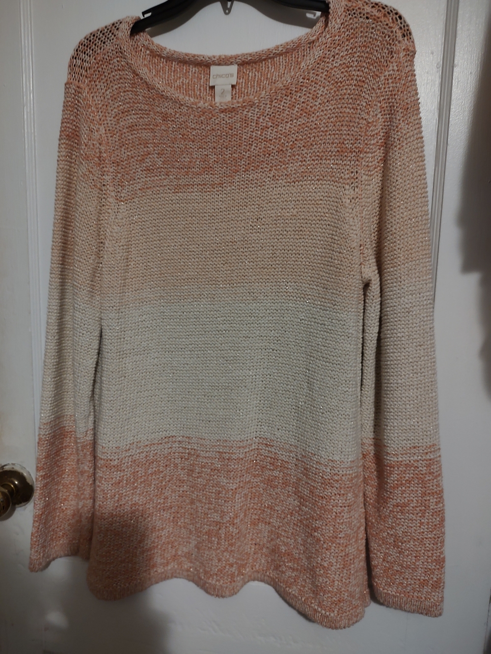 Chico's Peach & Cream Ombre Open-Knit Crew Sweater